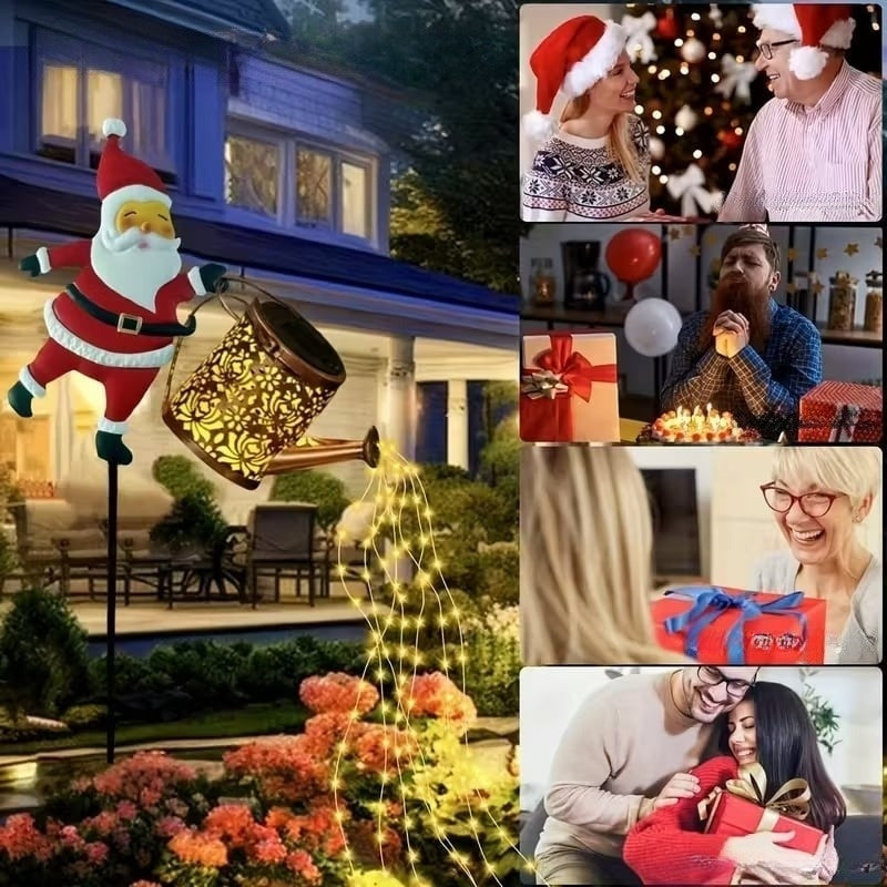 Kalėdų Senelio laistytuvas su saulės baterija ir į žemę įsmeigiamu stovu